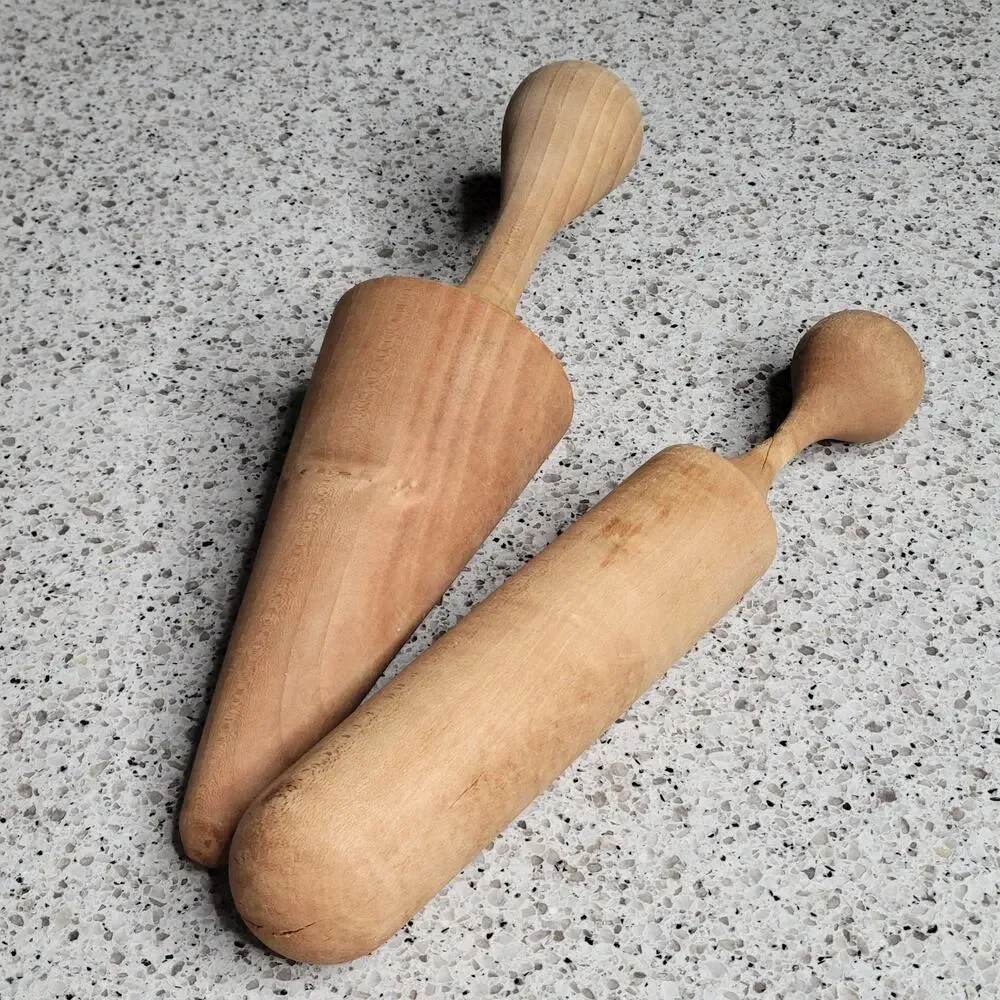 2 VTG MCM Wooden Pestle Cone & Bat Food Mill Masher Canning Primitive Hand Tool